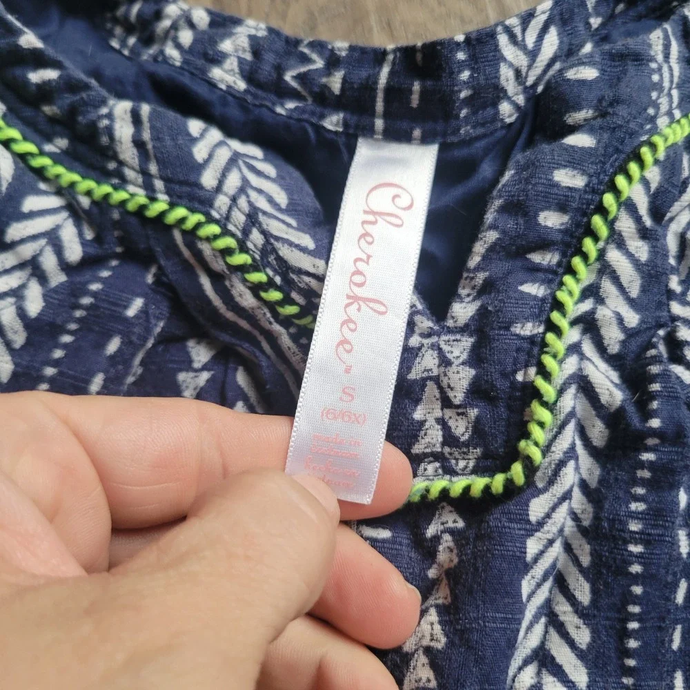 Cherokee Dress Girls S 6/6X Navy Blue White Tribal Boho Sleeveless Lined Summer